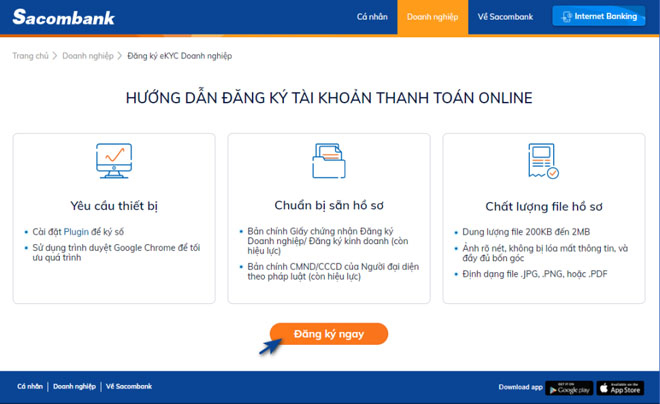 Quy trình mở tài khoản trực tuyến trên website Sacombank cho doanh nghiệp